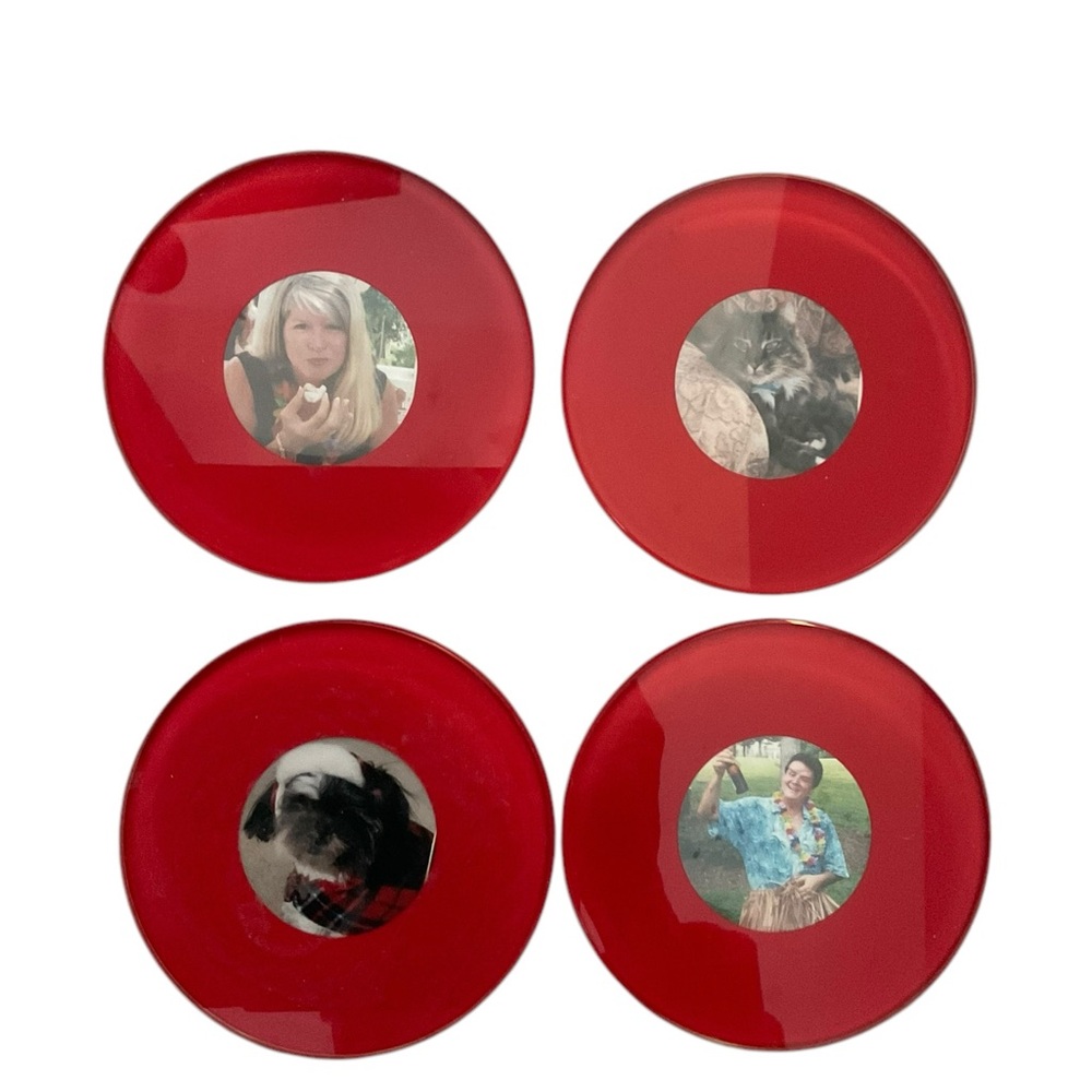 SWING Roma Glass Round Photo Coasters Red Rim  (4) with White Plastic Holder